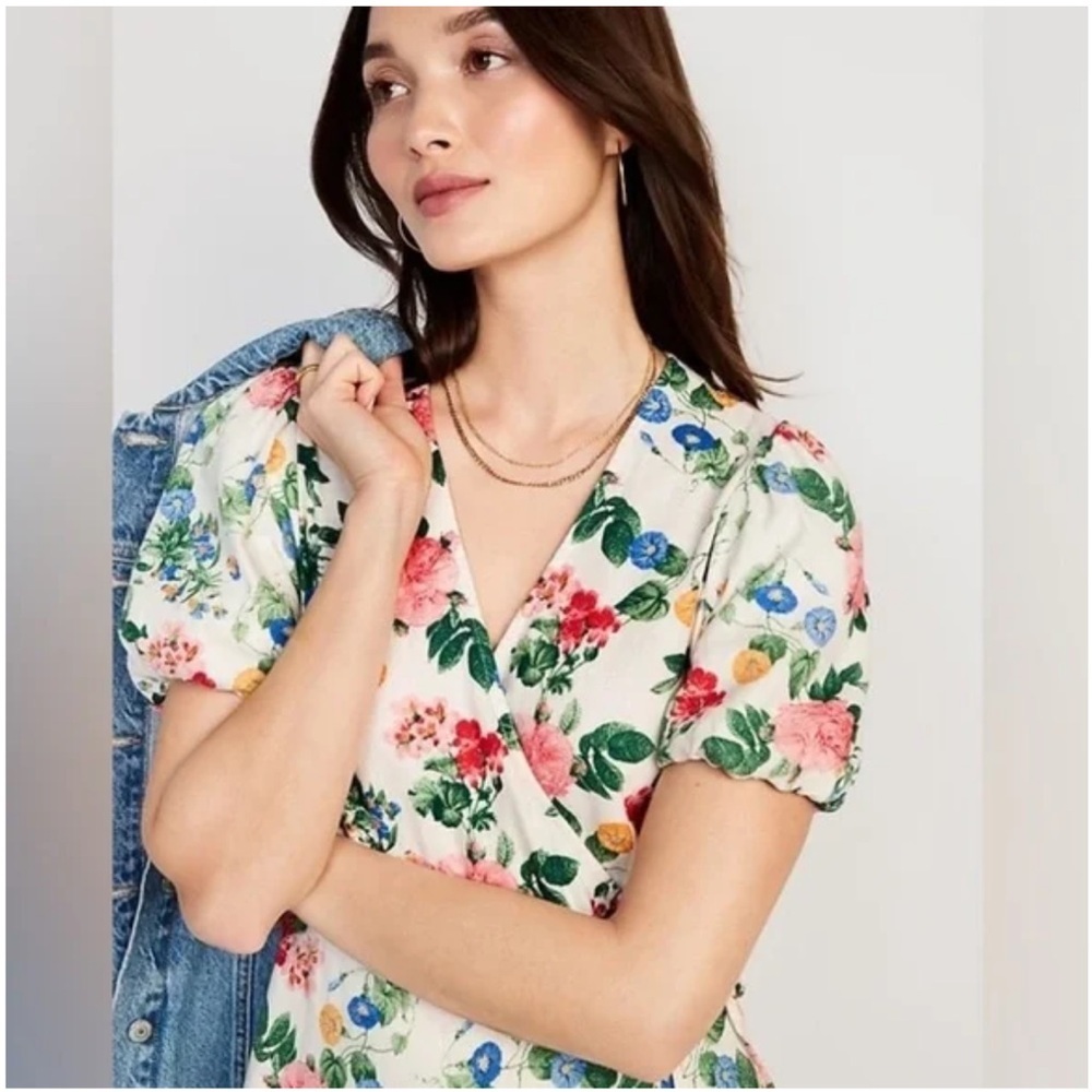 Old Navy Floral puff Sleeve Mini Wrapped Dress Women’s XL Linen Blend Cottage - Picture 2 of 10